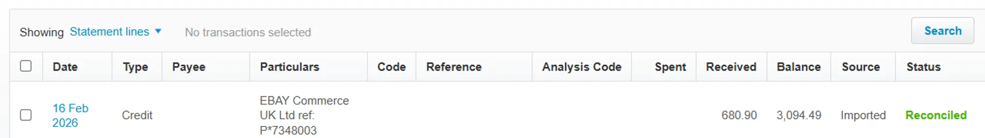 Xero bank feed line matched to the eBay payout reference and marked reconciled.