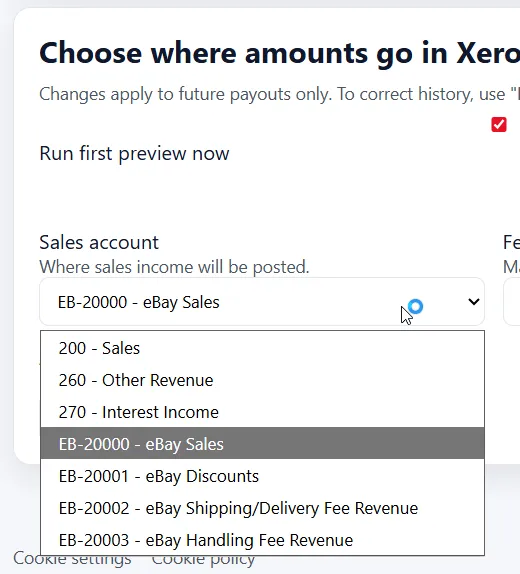 Expanded account dropdown in SalesToAccounts mapping settings.