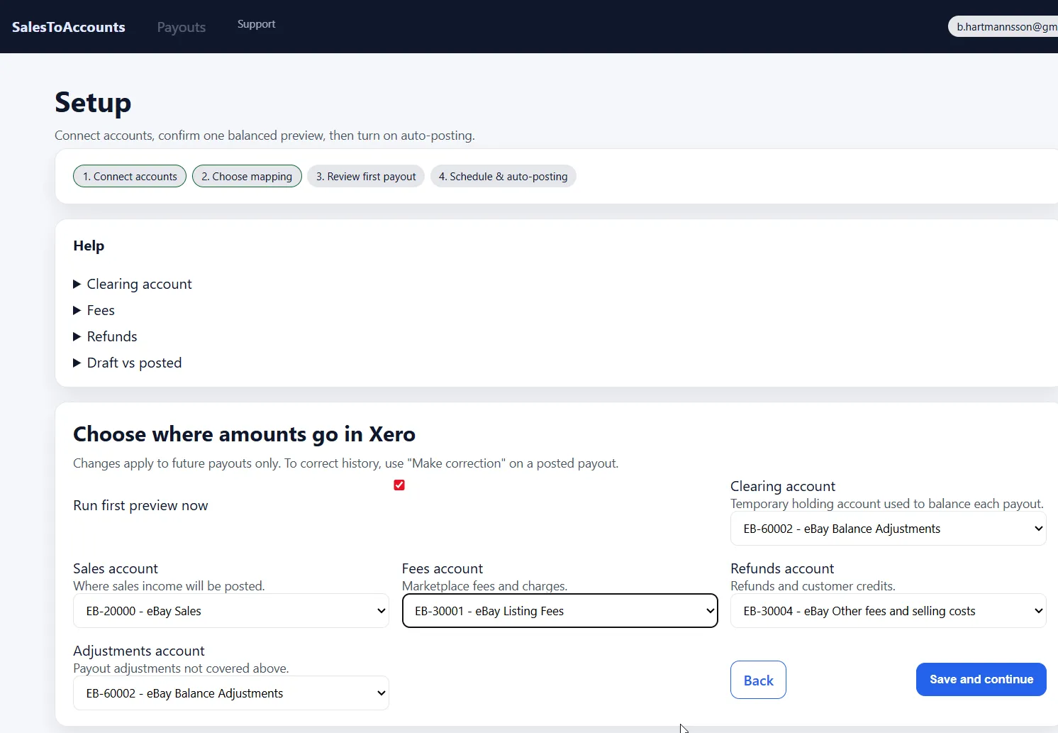 SalesToAccounts mapping settings showing selected accounts for payout posting.